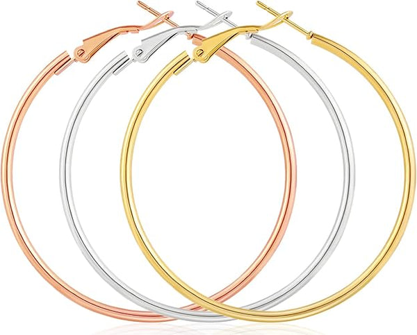 3 Pairs Large Hoop Earrings Set for Women – 14K Gold, Rose Gold & Silver Plated – Stainless Steel