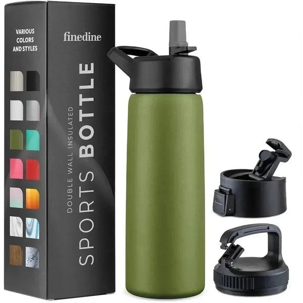 Triple Walled Insulated Water Bottles with Straw 25 Oz Stainless Steel Metal Bottle Leak Proof Lids Army Green